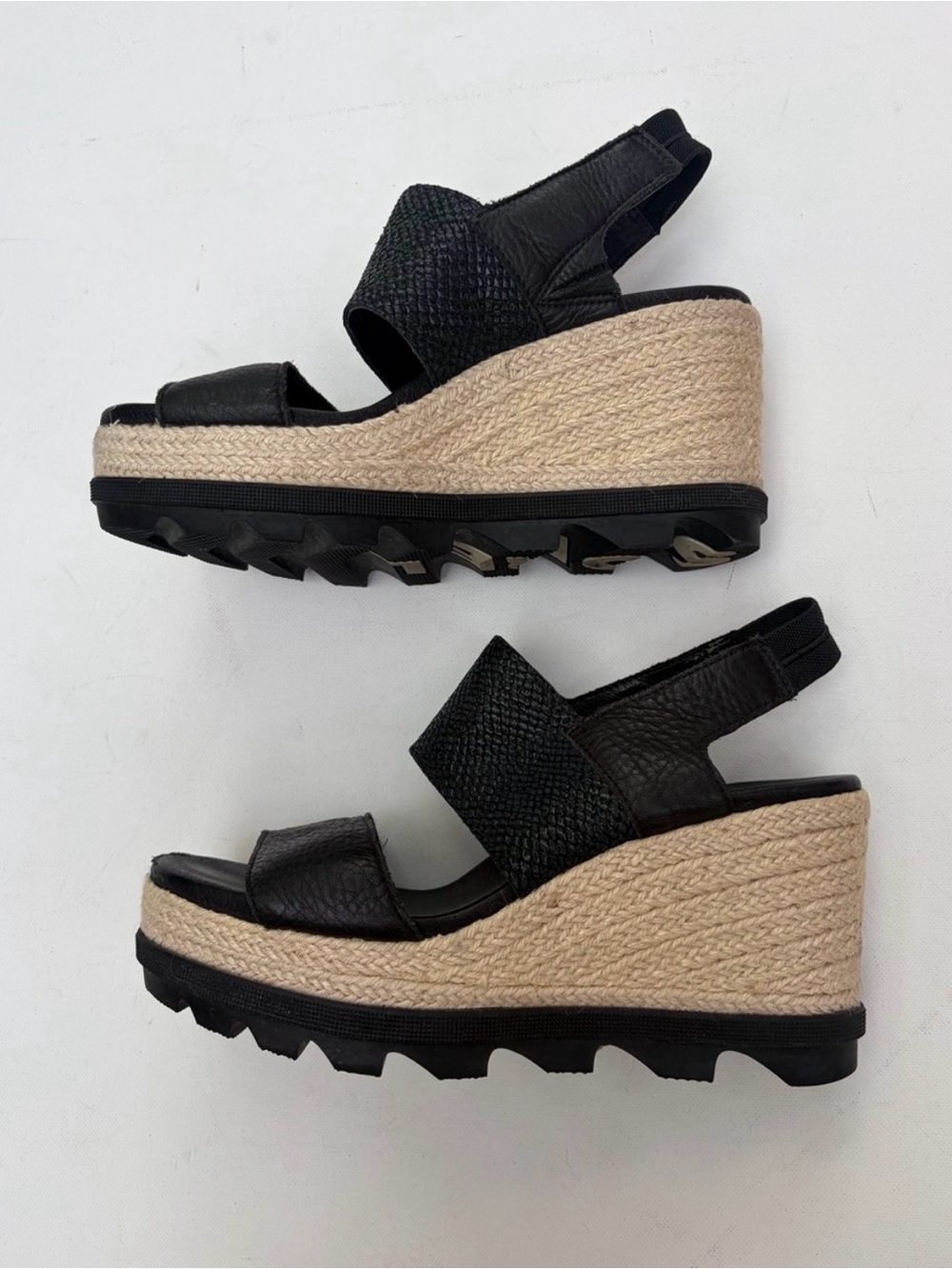 Sorel Black Leather Espadrille Wedge Sandals